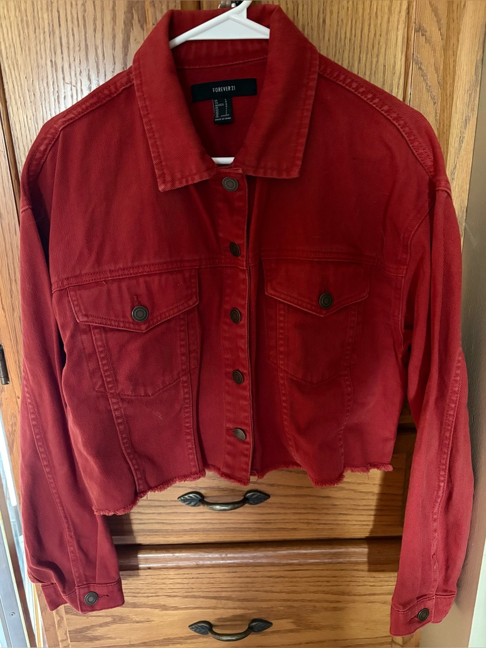 Forever 21 Red Cropped Raw-Hem Denim Jacket